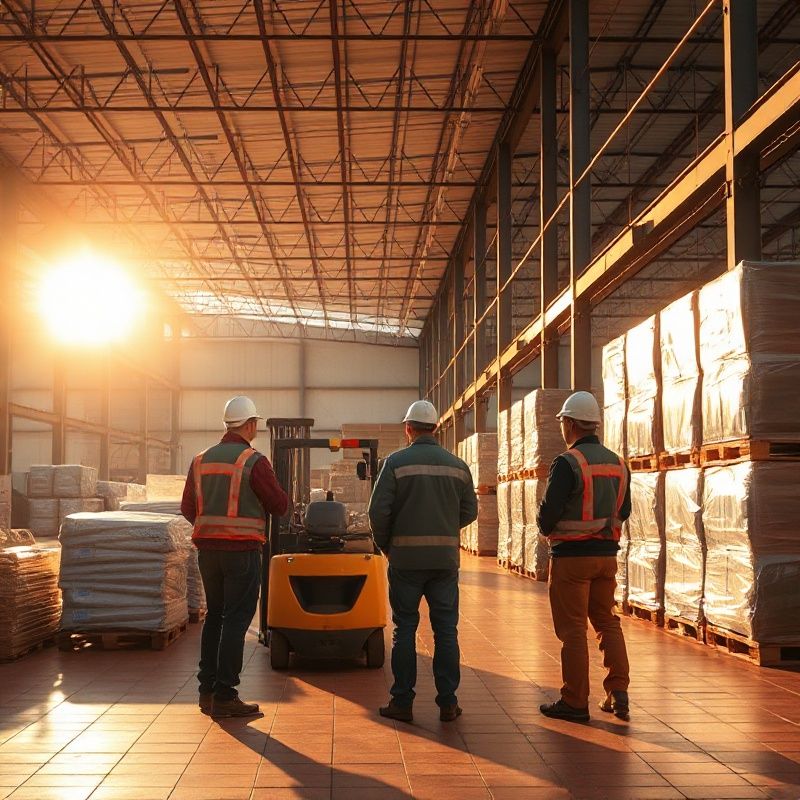 Trabajadores en un almacén logístico del sur de España con luz mediterránea