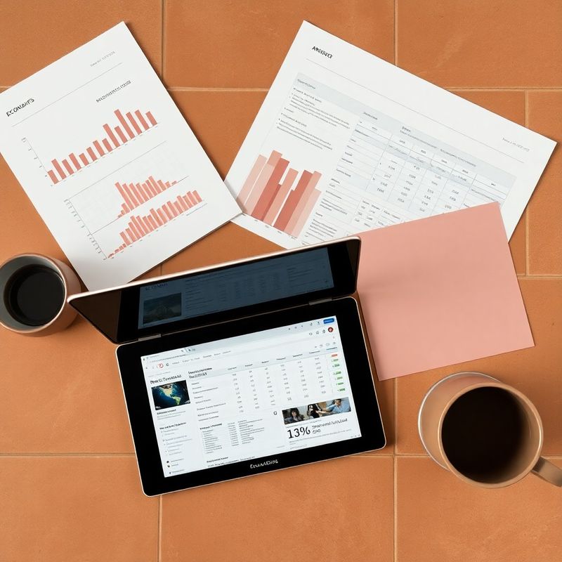 Informes económicos impresos y un portátil sobre una mesa de trabajo