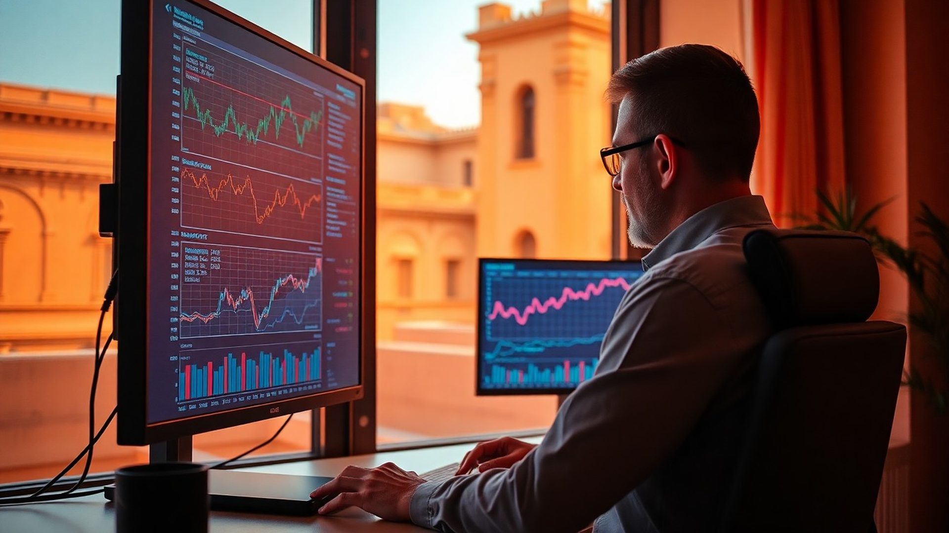 Analista revisando gráficos económicos en un monitor con luz cálida granadina